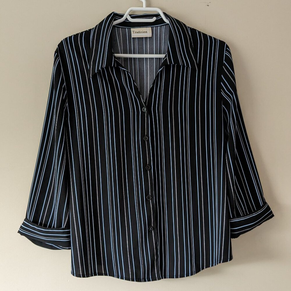 Black and Blue Striped Business Blouse